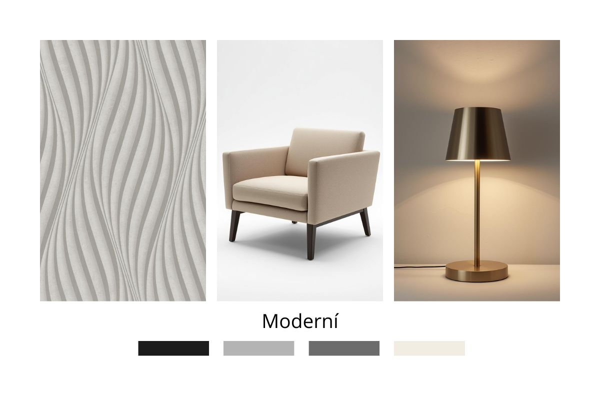moodboard moderní nábytek tapeta