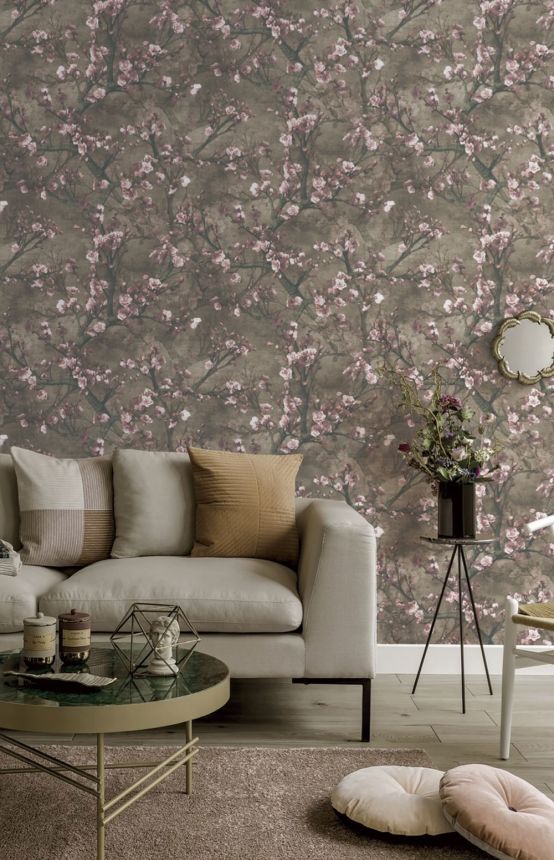 Vliesová tapeta na zeď, hnědo-béžová, květiny, větvičky, GL76603, Blossom, Prestige Wallcoverings