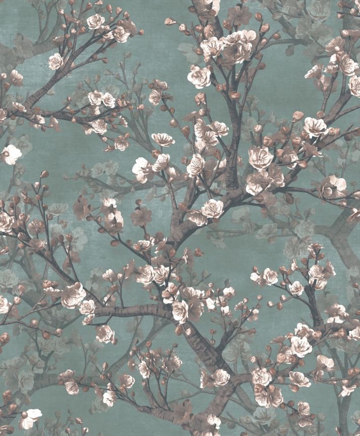 Vliesová tapeta na zeď, tyrkysovo-hnědá, květiny, větvičky, GL76605, Blossom, Prestige Wallcoverings