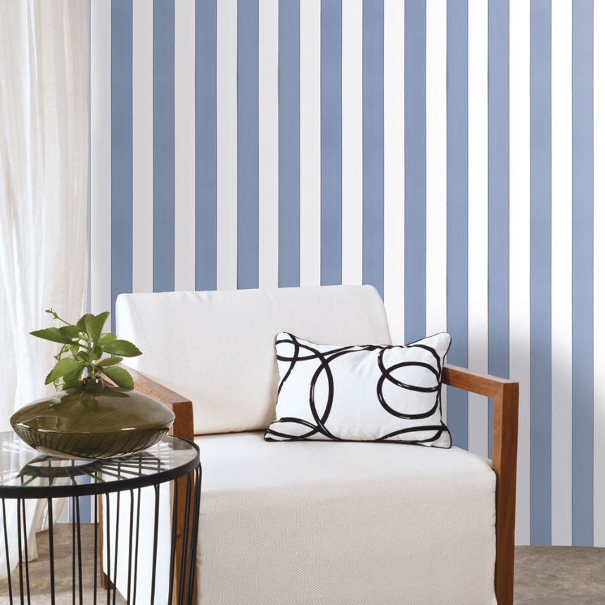 Vliesová tapeta na zeď, modro-bílá, pruhy,  5060-1, Essential Stripes, ICH Wallcoverings