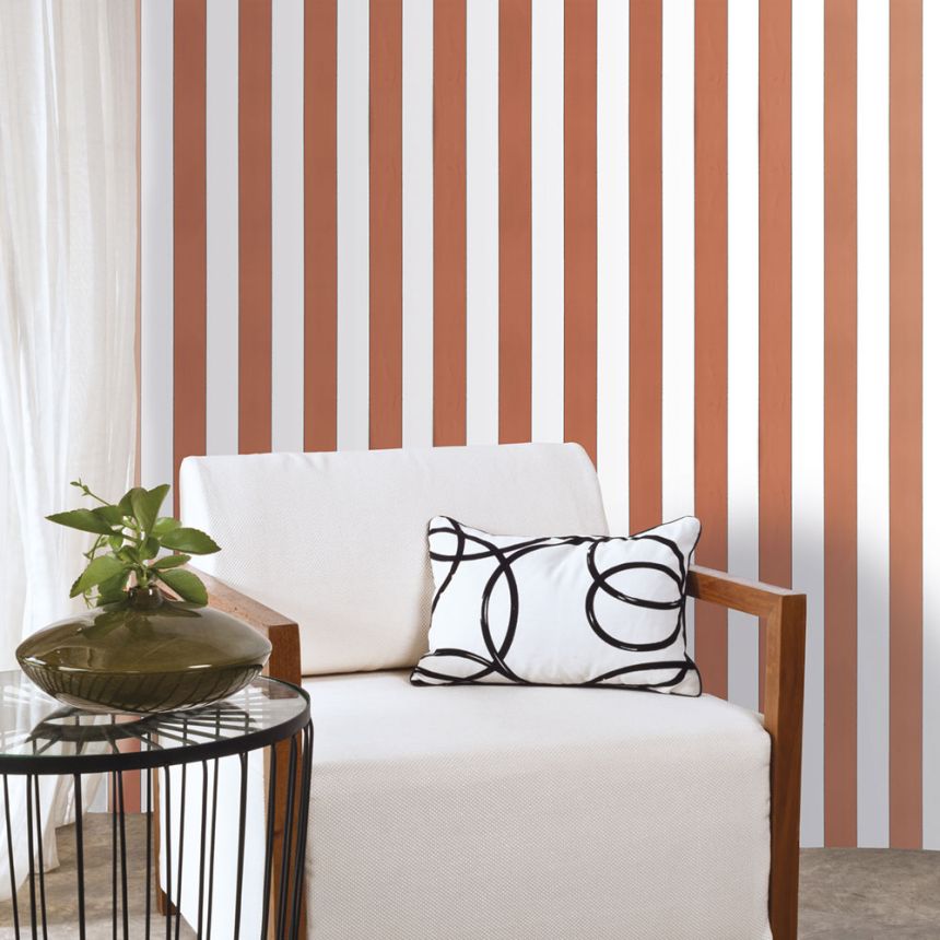 Vliesová tapeta na zeď, oranžovo-bílá, pruhy,  5060-3, Essential Stripes, ICH Wallcoverings