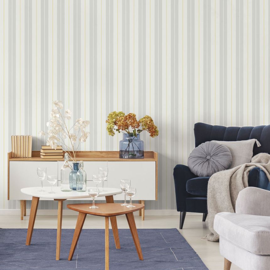 Vliesová tapeta na zeď, šedo-žlutá, pruhy,  9815-4, Essential Stripes, ICH Wallcoverings